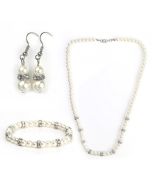 Classic Faux Pearl Set - Necklace, Drop Earrings and Coordinating Bracelet with Sparkling Crystals