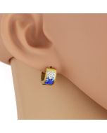 Stylish Gold Tone Huggie Earrings With Faux Sapphire and Sparkling Crystals