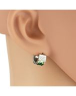 Gorgeous Silver Tone Huggie Earrings with Faux Emerald and Sparkling Crystals