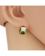 Sparkling Silver Tone Huggie Earrings with Faux Emerald and Sparkling Crystals