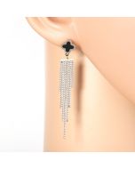 Stylish Silver Tone Designer Drop Earrings with Jet Black Faux Onyx Clover and Dangling Tassels
