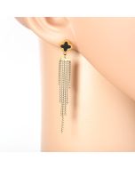 Stylish Gold Tone Designer Drop Earrings with Jet Black Faux Onyx Clover and Dangling Tassels