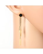 Stylish Gold Tone Designer Drop Earrings with Jet Black Faux Onyx Circle with Dangling Bars