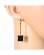 Trendy Rose Gold Tone Designer Drop Earrings with Jet Black Inlay & Dangling Geometric (Square) Shaped Accents