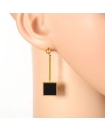 Trendy Gold Tone Designer Drop Earrings with Jet Black Inlay & Dangling Geometric (Square) Shaped Accents