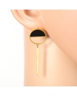 Unique Gold Tone Designer Drop Earrings with Jet Black Faux Onyx Circle & Dangling Bar