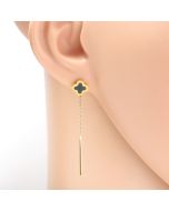 Stylish Gold Tone Designer Drop Earrings with Jet Black Faux Onyx Clover and Dangling Chain Tassel with Bar