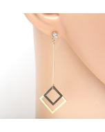 Trendy Rose Gold Tone Designer Drop Earrings with Sparkling Crystals & Jet Black Dangling Geometric Shaped Accents