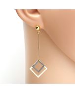 Trendy Gold Tone Designer Drop Earrings with Jet Black Dangling Geometric Shaped Accents