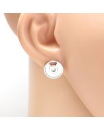 Trendy Silver Tone Designer Circular Stud Earrings with Sparkling Crystals & Arctic White Faux Mother of Pearl