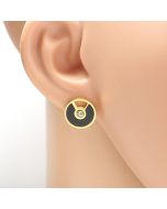 Trendy Gold Tone Designer Circular Stud Earrings with Sparkling Crystals & Jet Black Faux Onyx