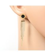 Stylish Gold Tone Designer Drop Earrings with Jet Black Faux Onyx Circle with Engraved Roman Numerals and Dangling Tassels