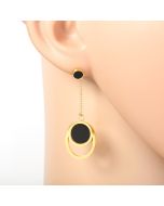 Stylish Gold Tone Designer Drop Earrings with Jet Black Faux Onyx Circles with Engraved Roman Numerals