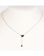 Stylish Silver Tone Designer Heart Pendant Necklace and Delicate Dangling Heart Charm with Jet Black Inlay