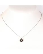 Trendy Silver Tone Designer Necklace with Jet Black Faux Onyx Circular Pendant Engraved with "FOREVER LOVE" 