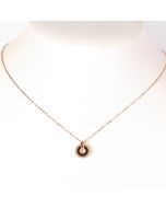 Trendy Rose Gold Tone Designer Necklace with Jet Black Faux Onyx Circular Pendant Engraved with "FOREVER LOVE" 