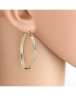 Delicate Polished Oval Tri-Color Silver, Gold & Rose Tone Hoop Earrings