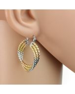 Contemporary Polished Twisted & Twirled Tri-Color Silver, Gold & Rose Tone Hoop Earrings