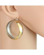 Contemporary Polished Tri-Color Silver, Gold & Rose Tone Hoop Earrings with Diagonal Striped Design