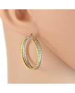 Contemporary Twisted Polished Tri-Color Silver, Gold & Rose Tone Hoop Earrings with Sleek Center Design