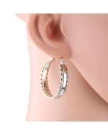 Contemporary Smooth Center Tri-Color Silver, Gold & Rose Tone Hoop Earrings with Twisted Edges