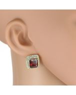 Brilliant Princess Cut Faux Ruby Earrings with Dazzling Sparkling Crystals in a Yellow Gold Tone Setting