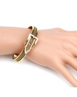 Sparkling Gold Tone Hinged Bangle Bracelet with Buckle Clasp and Shimmering Inlay