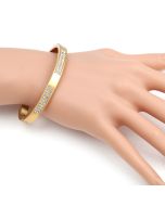 Sophisticated Gold Tone Hinged Bangle Bracelet with Brushed Finish and Sparkling Crystals