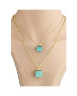 Stylish Gold Tone Necklace with Trendy Faux Turquoise Cubes