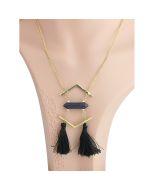 Designer Inspired Gold Tone Necklace with Natural Stone and Stylish Black Tassels (Gold/Black)