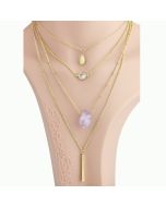 Unique Multi-Strand, Multi Pendant Gold Tone Necklace with Agglomerated Stone, Sparkling Crystal & Faux Amethyst