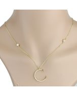 Contemporary Gold Tone Designer Moon And Stars Necklace with Sparkling Crystals (Crescent Moon)
