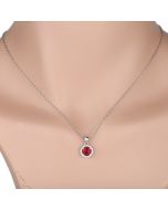 Classic Silver Tone Designer Solitaire Necklace with Striking Crimson Red Faux Ruby Embraced by Twinkling Sparkling Crystals