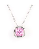 Silver Tone Designer Solitaire Necklace with Cherry Blossom Pink Faux Sapphire in a Bezel Setting