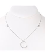 Contemporary Silver (White Gold) Tone Designer Moon And Stars Necklace with Sparkling Crystals (Silver Crescent Moon)