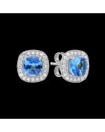 Designer Cushion Cut Swiss Blue Topaz & Diamond Dual Halo Stud Earrings