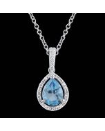 Designer Swiss Blue Topaz & Diamond Halo Tear Drop Pendant Necklace