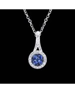 Designer Delicate Sapphire with Diamond Halo Pendant Necklace