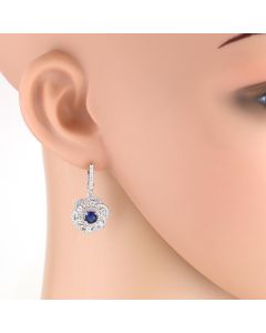 Striking Floral Inspired Silver Tone Set with Faux Sapphire and Sparkling Crystals