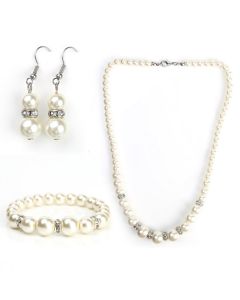 Classic Faux Pearl Set - Graduated Necklace, Drop Earrings and Coordinating Bracelet with Sparkling Crystals