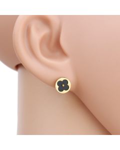 Petite Gold Tone Post Earrings with Contemporary Cut Out Clover Design and Faux Onyx Inlay