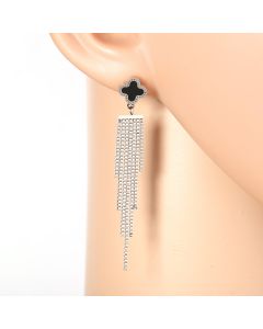 Stylish Silver Tone Designer Drop Earrings with Jet Black Faux Onyx Clover and Dangling Tassels