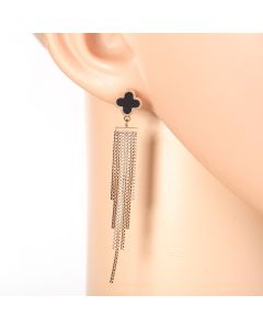 Stylish Rose Gold Tone Designer Drop Earrings with Jet Black Faux Onyx Clover and Dangling Tassels