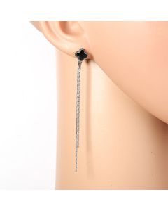 Stylish Silver Tone Designer Drop Earrings with Jet Black Faux Onyx Clover and Dangling Chain Tassels