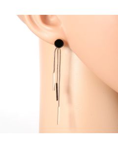Stylish Rose Gold Tone Designer Drop Earrings with Jet Black Faux Onyx Circle with Dangling Bars