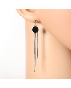 Stylish Silver Tone Designer Drop Earrings with Jet Black Faux Onyx Circle and Dangling Chain Tassels