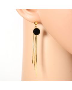 Stylish Gold Tone Designer Drop Earrings with Jet Black Faux Onyx Circle and Dangling Chain Tassels