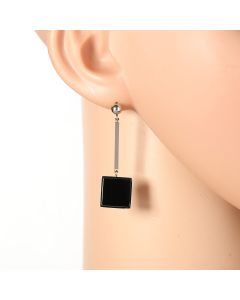 Trendy Silver Tone Designer Drop Earrings with Jet Black Inlay & Dangling Geometric (Square) Shaped Accents