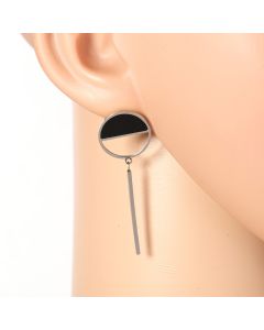Unique Silver Tone Designer Drop Earrings with Jet Black Faux Onyx Circle & Dangling Bar