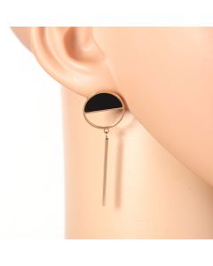 Unique Rose Gold Tone Designer Drop Earrings with Jet Black Faux Onyx Circle & Dangling Bar